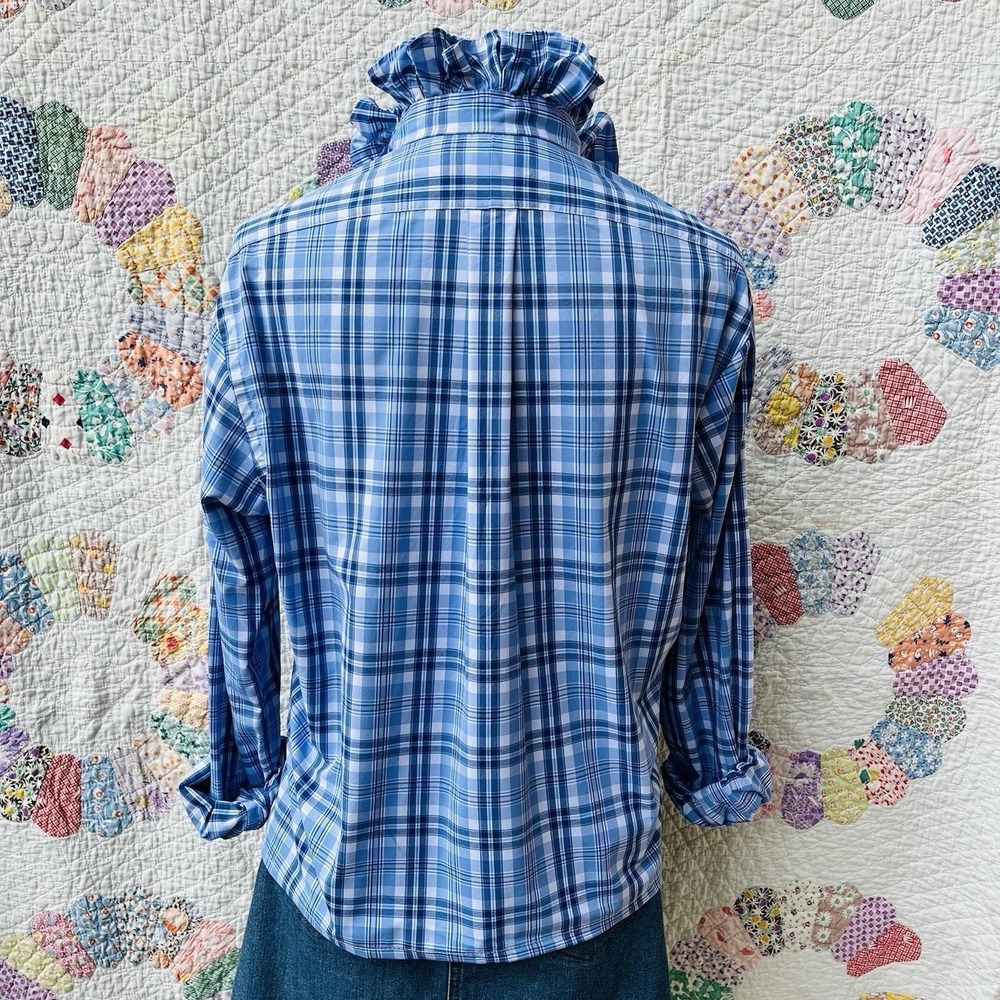 Upcycled Re-worked Ralph Lauren Performance Blue Plaid Ruffle Collar Shirt M - Picture 6 of 10